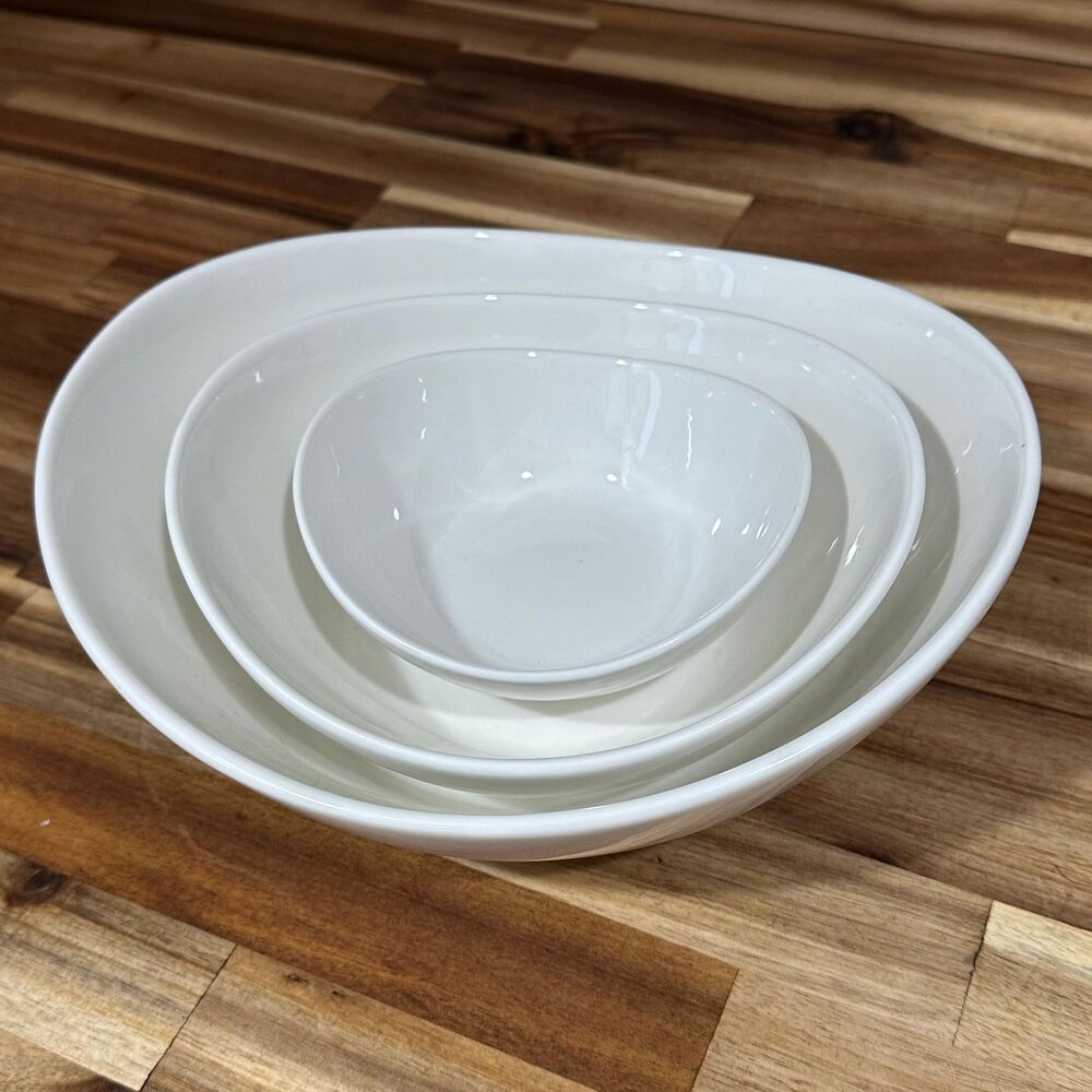 3 White Porcelain Modern Asymmetrical Elliptical Shaped Nesting Serving Bowls